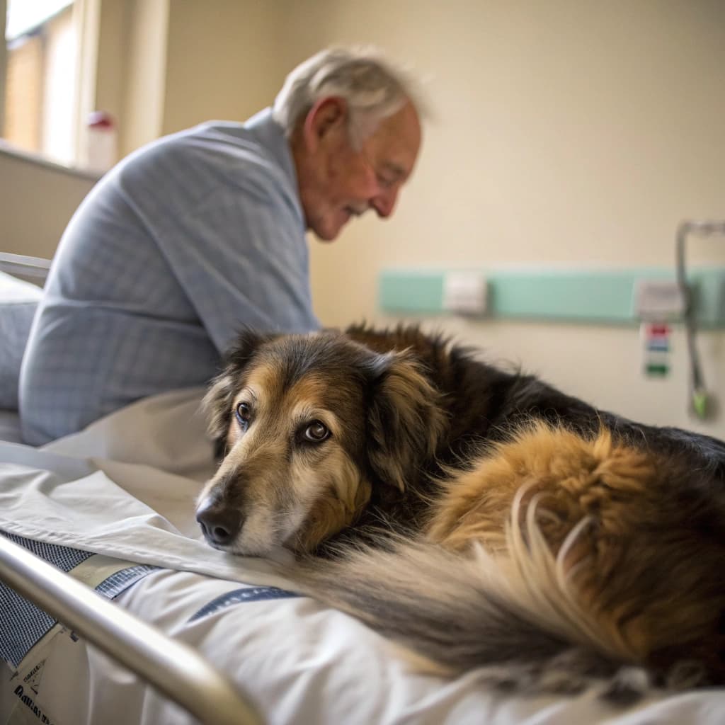 AI generated: A very old dog lies curled up on a hospital bed beside the waist of its aging male owner. Only the w...