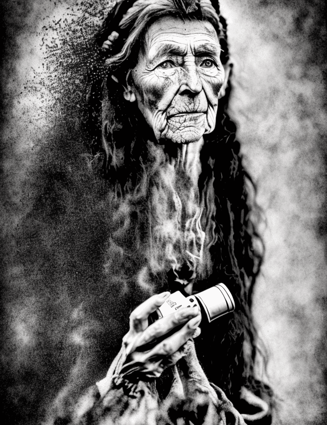AI generated: old wowen from brittany, with traditionnal hair, photography, in black and white, in your hand spray...