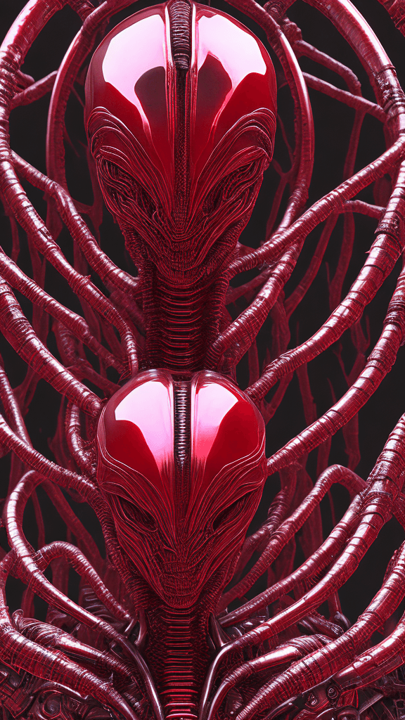 AI generated: ultra HD "complex-inducing (Alien:1.5) RFKTR-style headshot framed transparent ruby red in the style...