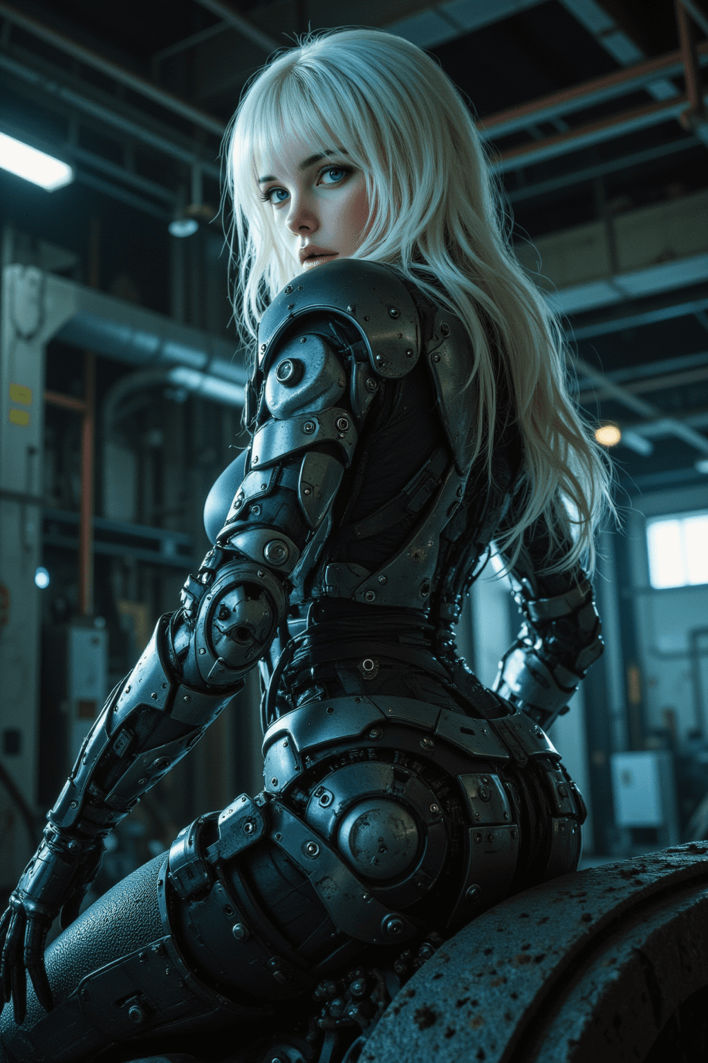 AI generated: A full-body side view of a beautiful European woman with sleek white hair and blunt bangs, sitting a...