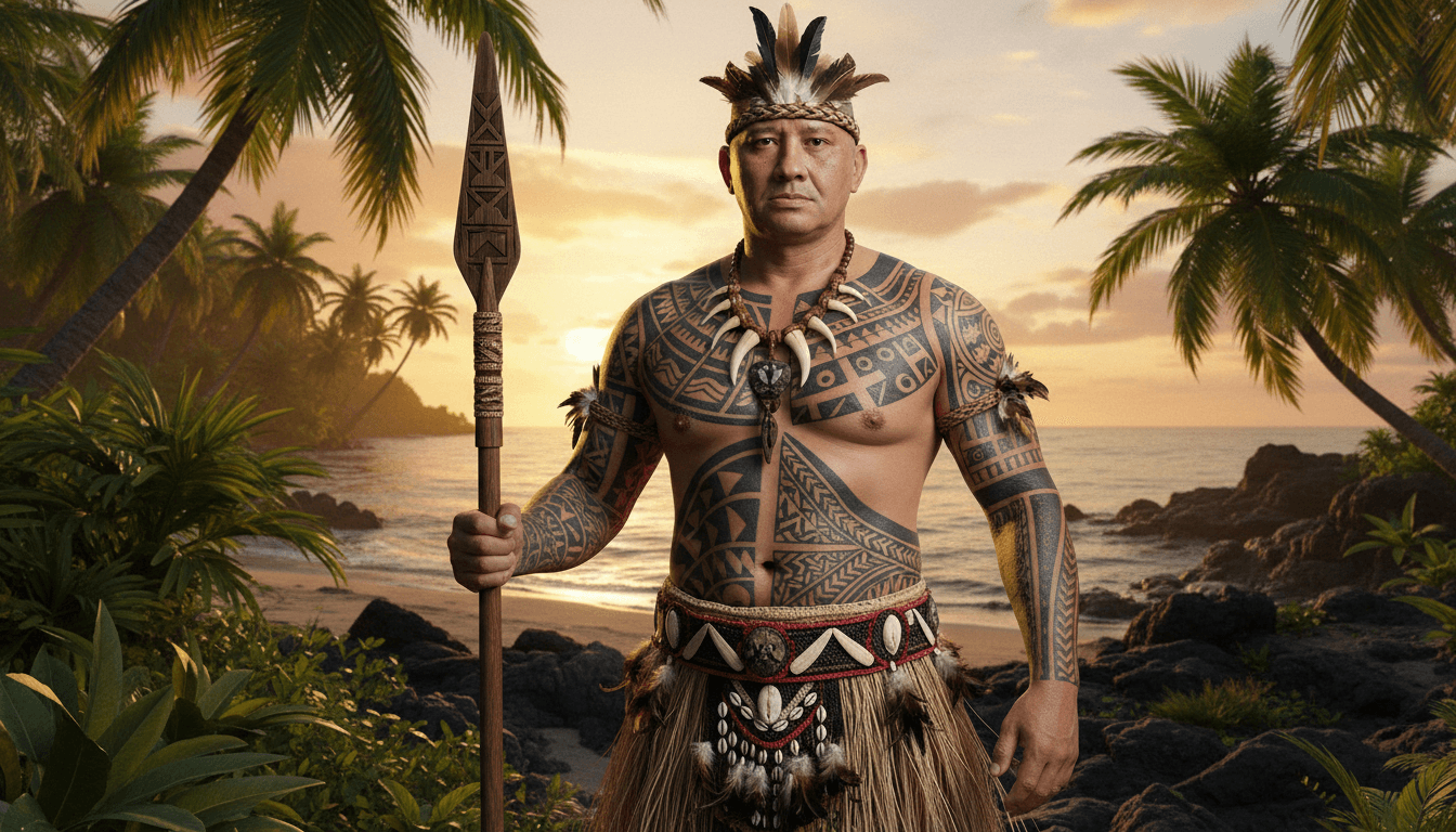 AI generated: create a island warrior chief of his clan