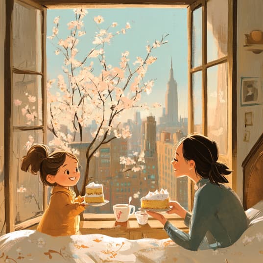 AI generated: a brisk april morning in new-york. A girl wakes up in a cozy bed in a hotel room and sees her mother...