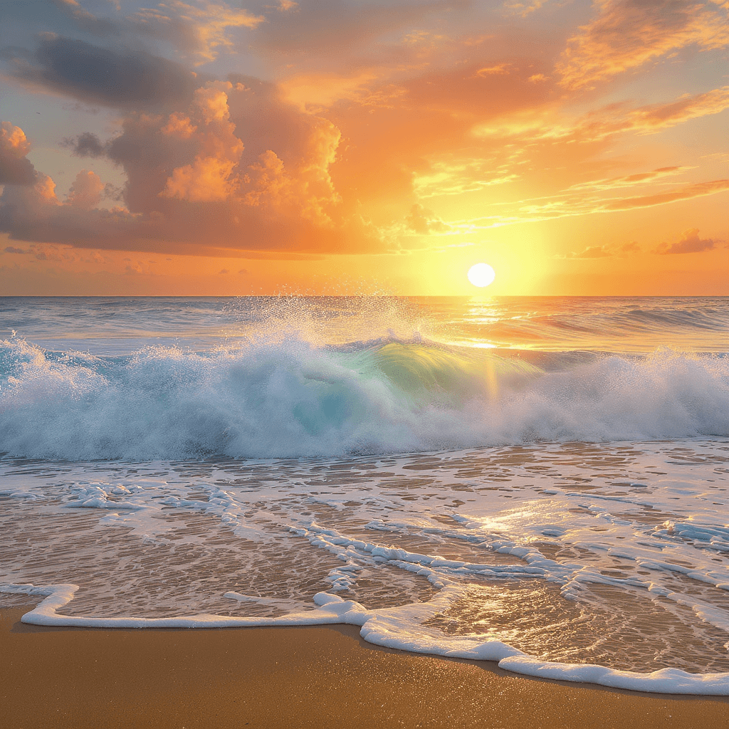 AI generated: UNA IMAGEN DEL MAR TUMULTUOSO CON GRANDES OLAS ,SOL DE FONDO COLORES BRILLANTES , FOTO PROFESIONAL D...