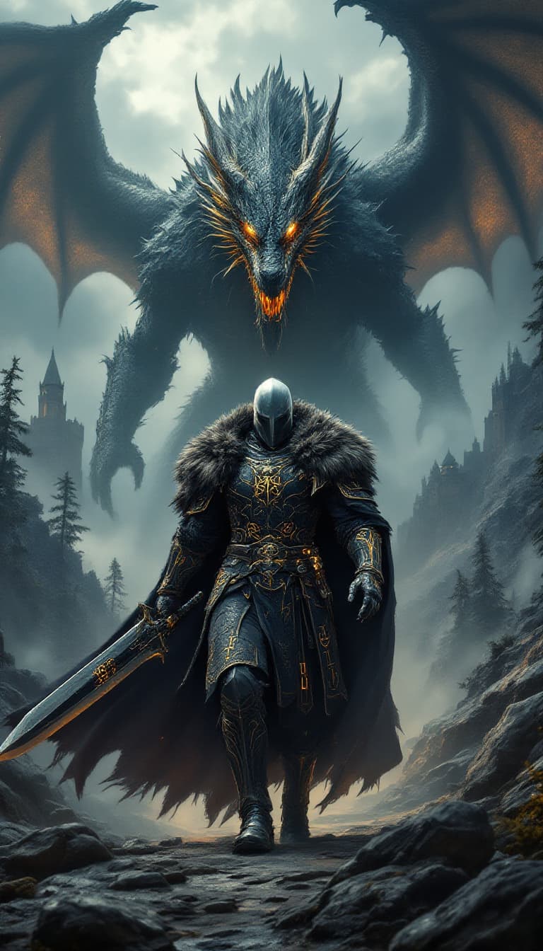 AI generated: An ultra-realistic, wide angle, front facing, full-body portrait of a formidable German Rune Knight ...