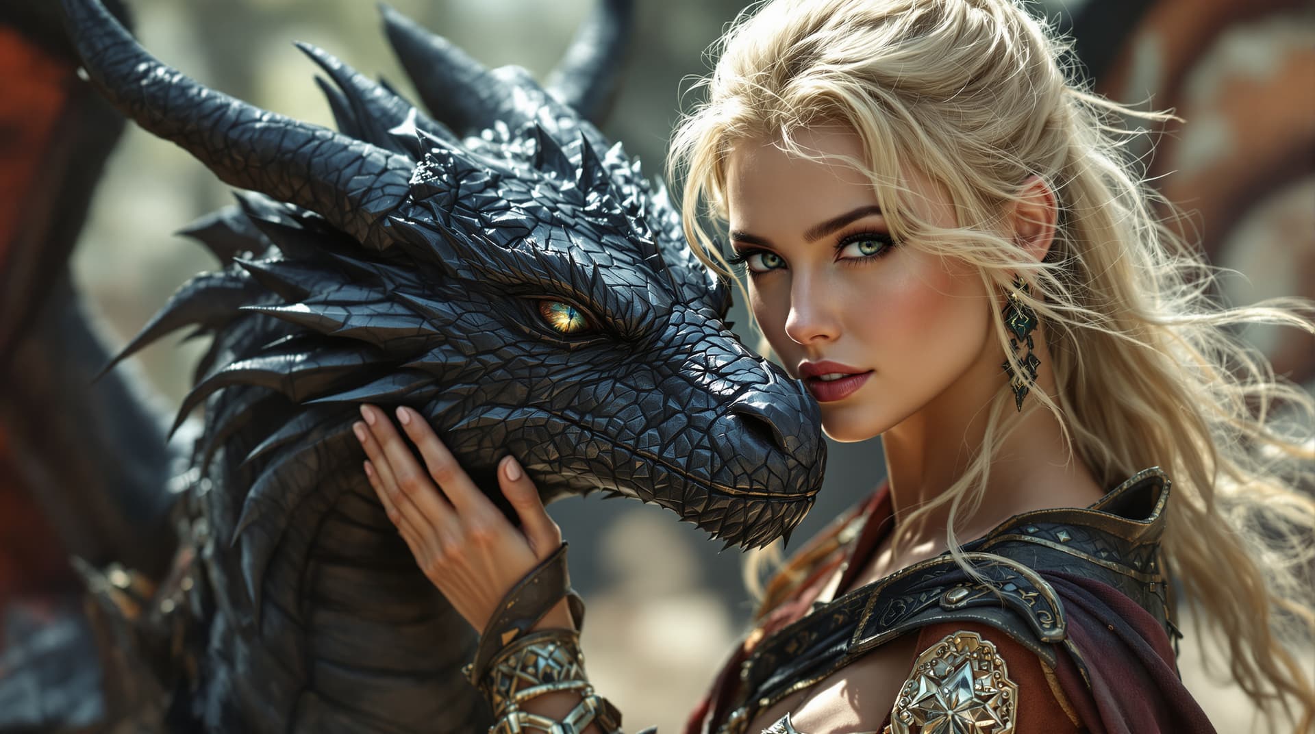 AI generated: Stunning Young Female Warrior Guarding an Empire with sweet black Dragon Super Stunning Looks she to...