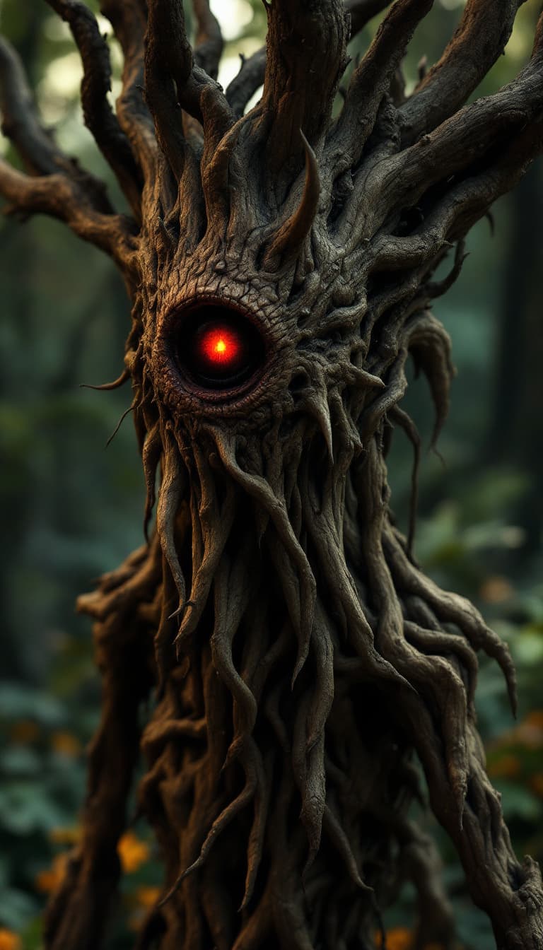 AI generated: a scary looking wood creature with a red eye, in the style of filip hodas, daz3d, sandy skoglund, na...