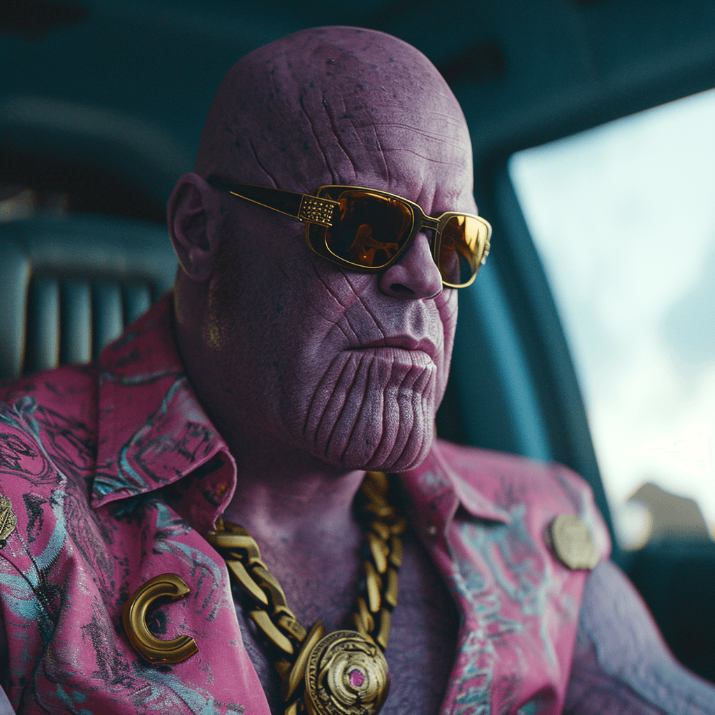 AI generated: Thanos on Titan, movie scene from Avengers Infinity war, wearing Chanel sunglasses and a pink Muscle...