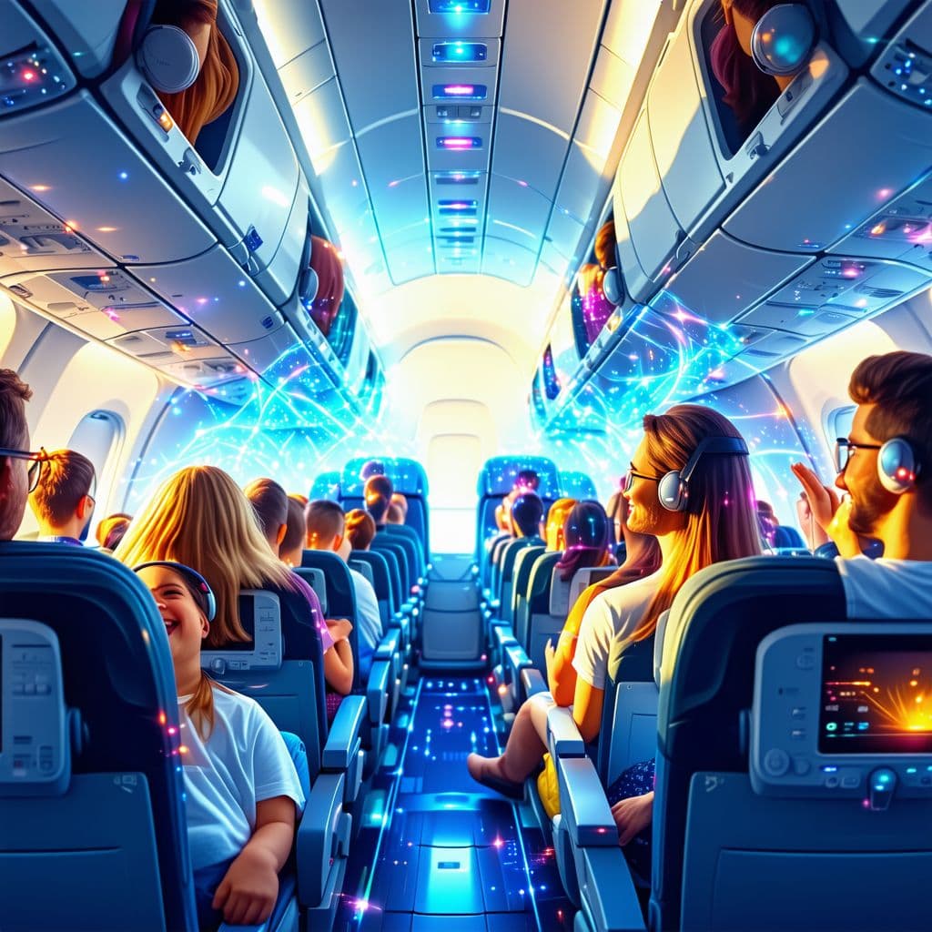 AI generated: Aircraft cabin with happy passengers, bright colors and radio waves
