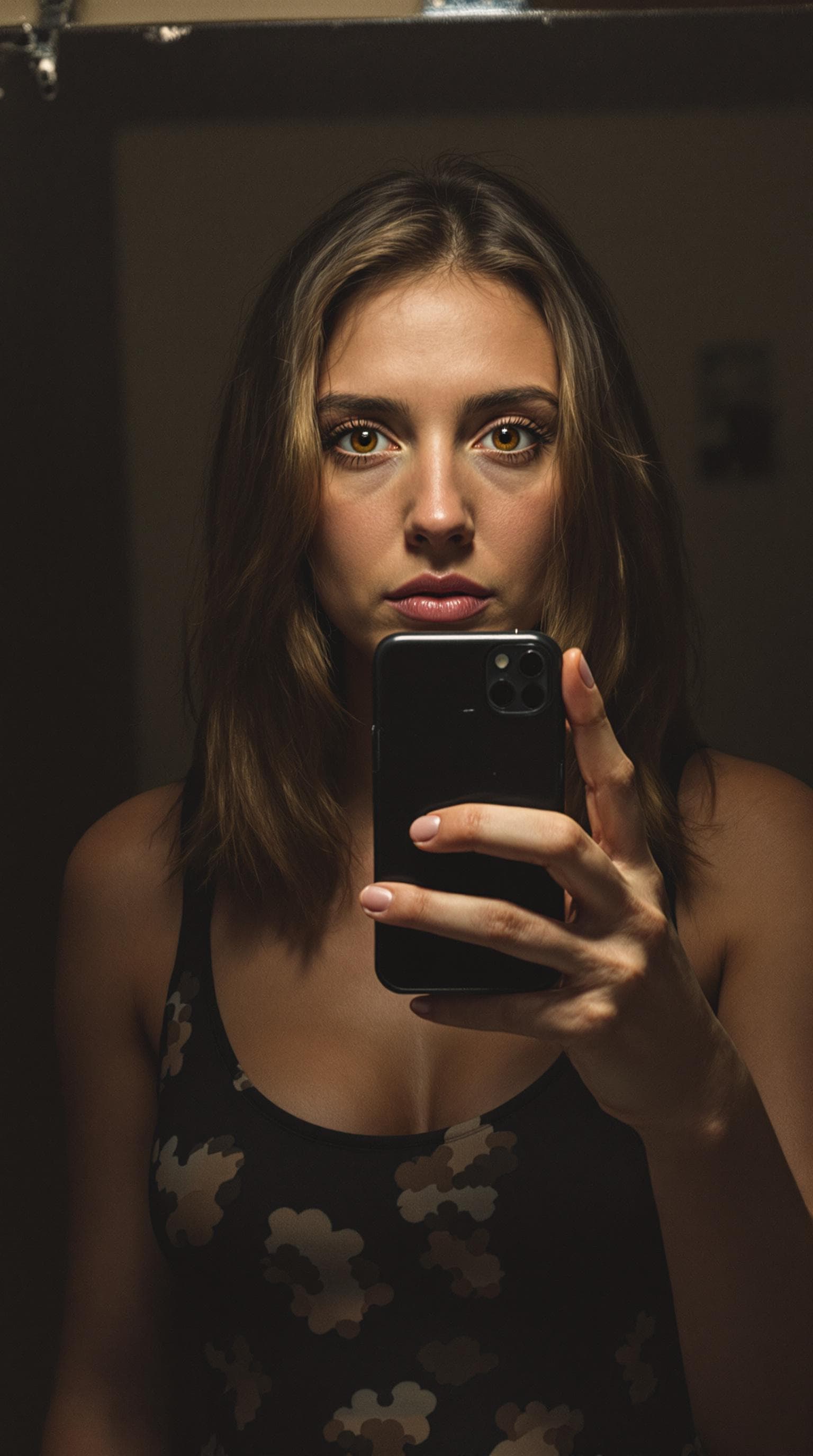 AI generated: A 30 year old polish woman, with bronze hair,  stands in front of a mirror, capturing a selfie. She ...