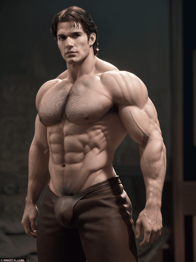 AI generated: Henry Cavill ((full nude frontal body)), big muscles and big butt, in his thirties, fully unclothed,...