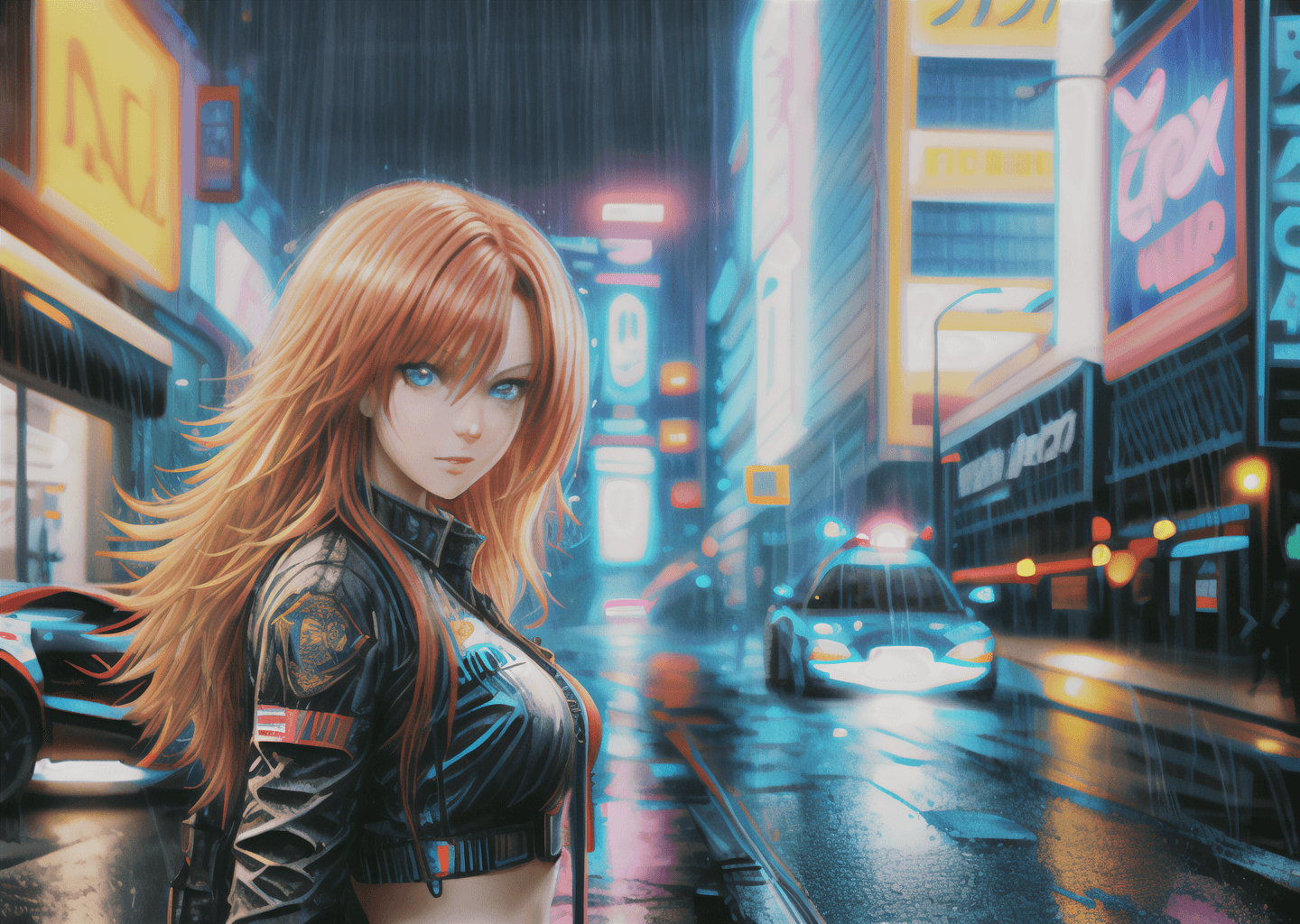 AI generated: a redhead ((fox-girl)) with blue eyes, cyberpunk 2077 style, cyberpunk night city, neon light, cyber...