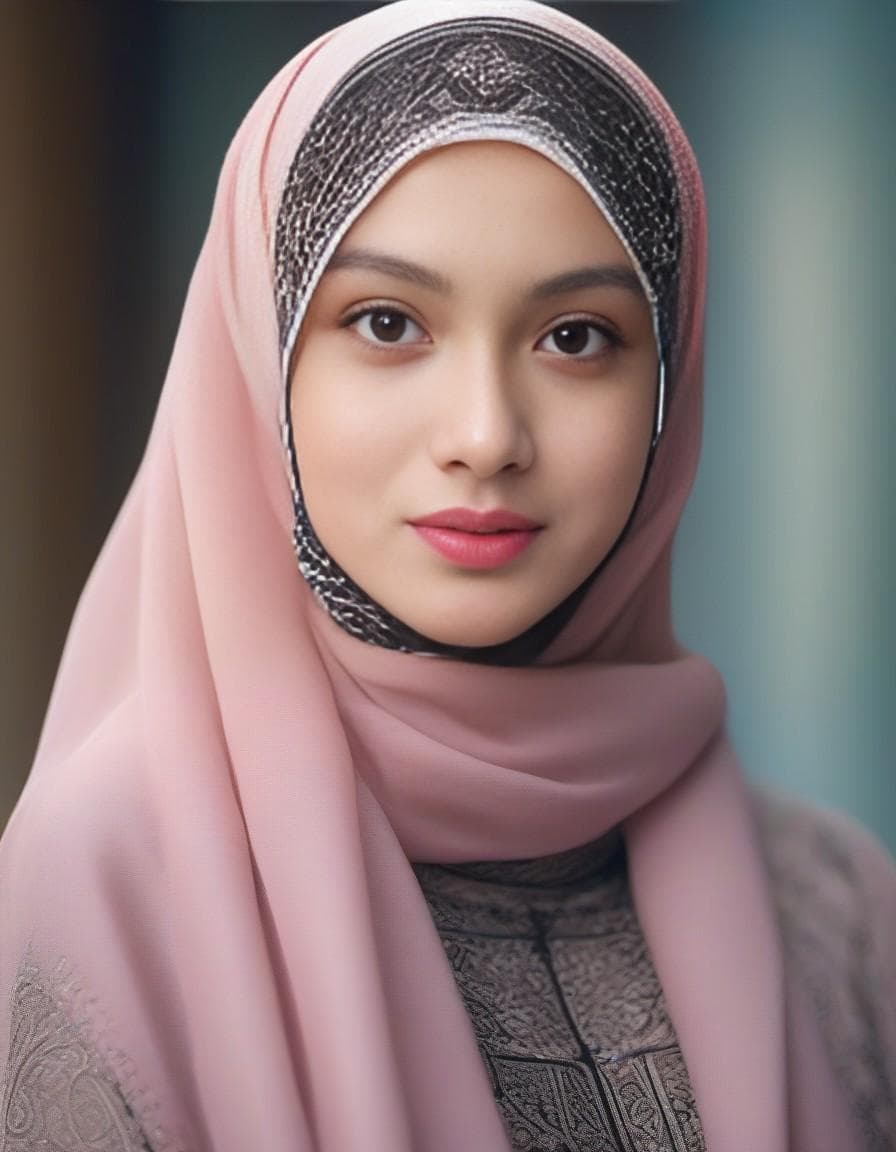 AI generated: Girl, 18oyo, hazel green eyes, pink lips, black eyeliner in her eyes, (wearing a hijab:1.9), (fullbo...
