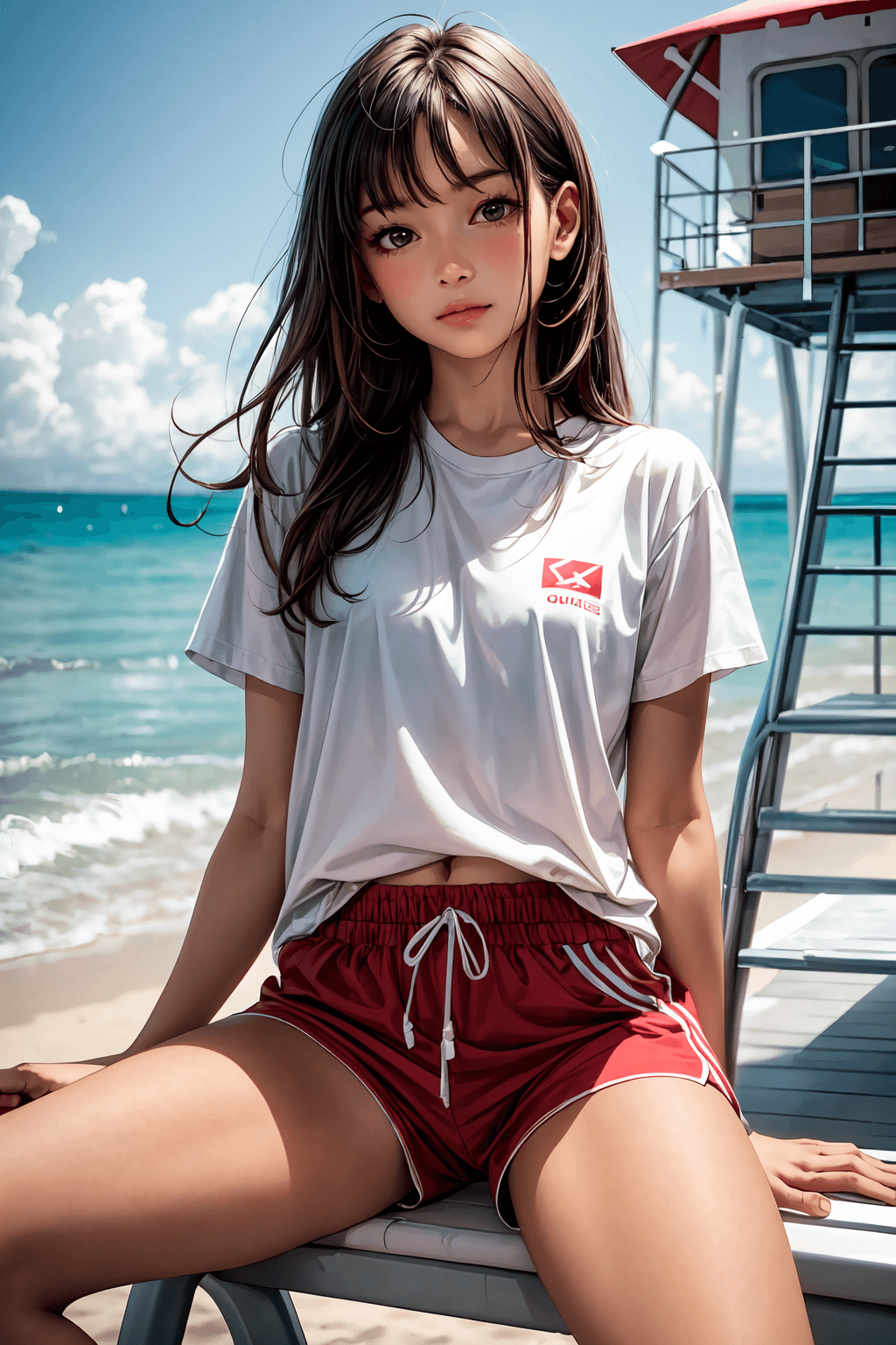 AI generated: 1girl, a girl as a lifeguard, sitting in the sun on a white lifeguard tower, plain white shirt, red ...