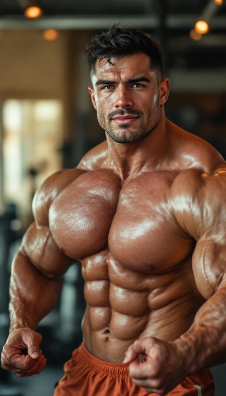 AI generated: ((extremely muscular heavyweight bodybuilder)), perfectly handsome masculine face, strong jawline, s...