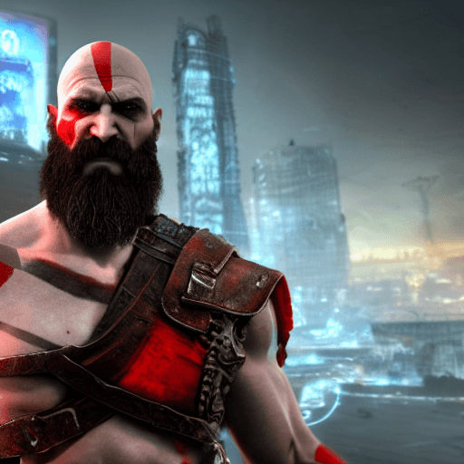 AI generated: Kratos from God of War (2018) as a cyborg :: Cyberpunk Adam Smasher, volumetric fog, perfect composi...