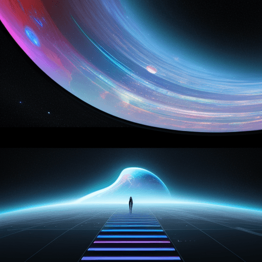AI generated: Hyper realistic vision of the future space, exploring via steps going into the universe, colourful