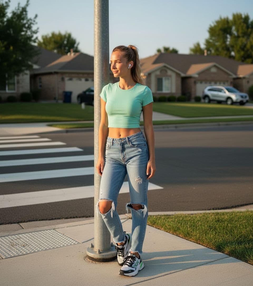AI generated: 22 year old 5 foot 7 spanish girl, standing on the corner of a suburb waiting to cross at the crossw...