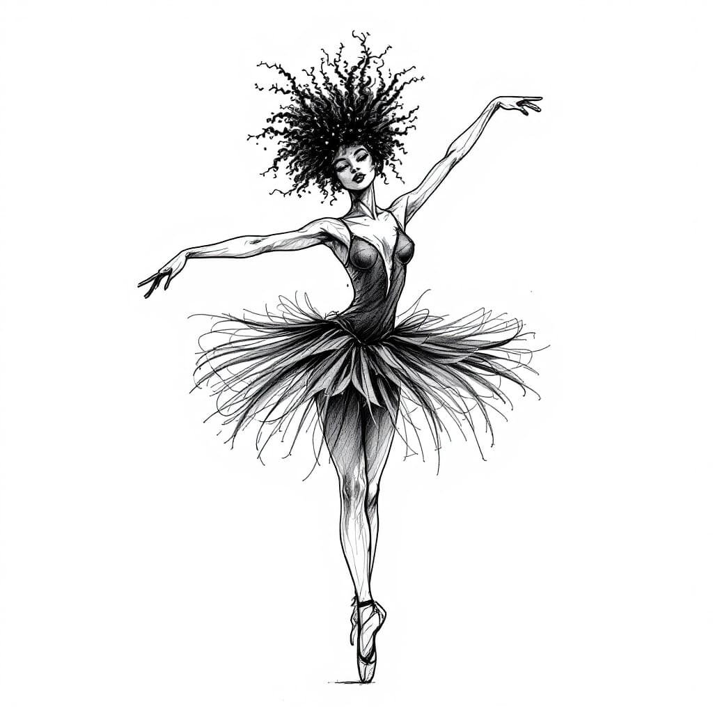 AI generated: Single line sketch of a black ballerina with an Afro 