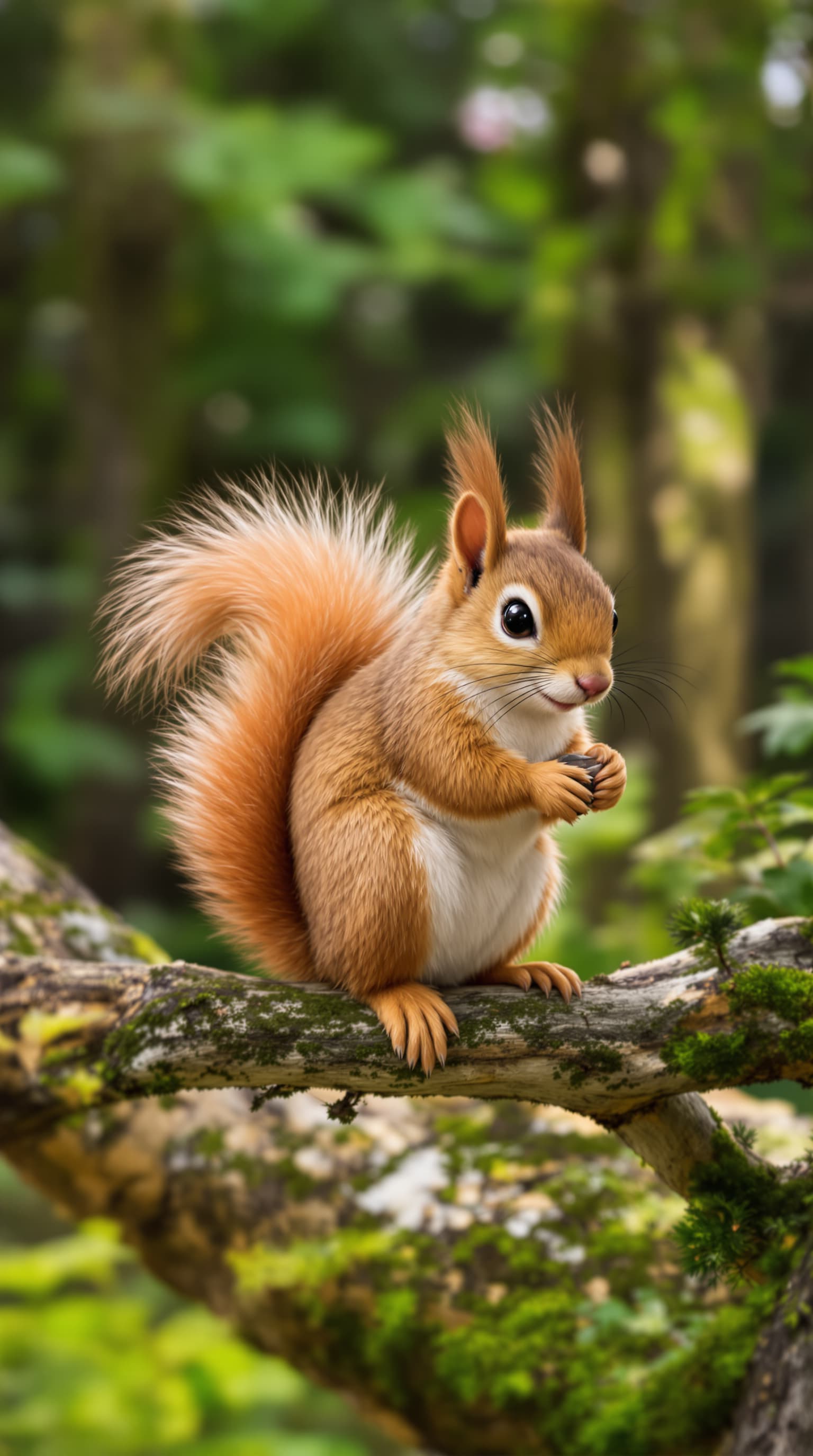 AI generated: A realistic, cute squirrel sitting on a tree branch, natural forest background, soft lighting, photo...