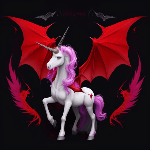 AI generated: Vampire unicorn with four wings, bright colors, blood red vangs, blood stained horn