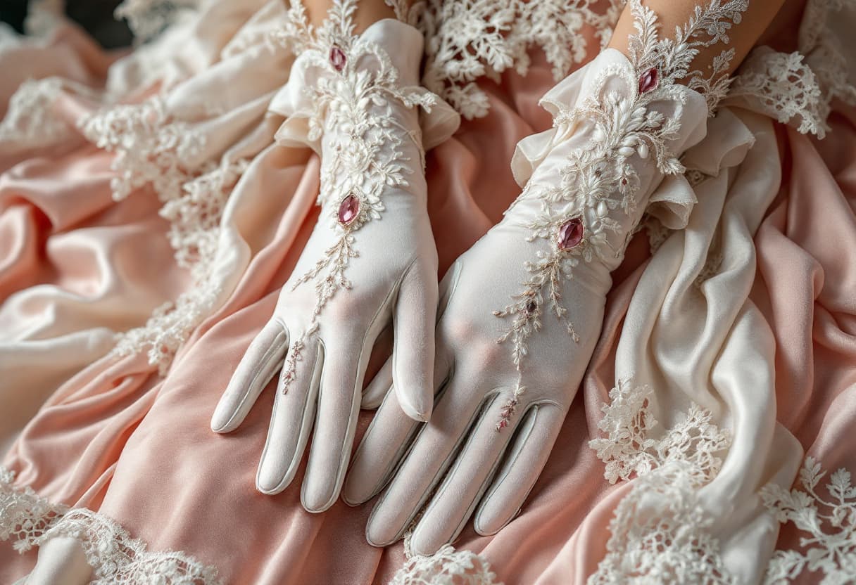 AI generated: A Victorian Couture Atelier's view of a pair of elegant opera gloves, set amidst dress forms, elabor...