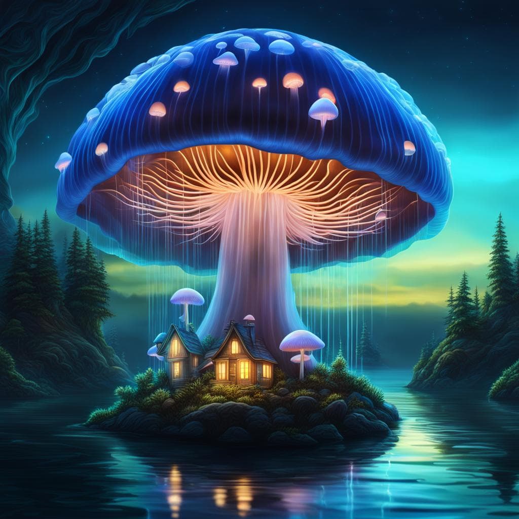 AI generated: a realistic detail of a virtual glowing bioluminescent giant mushroom, floating jellyfish, a mushroo...