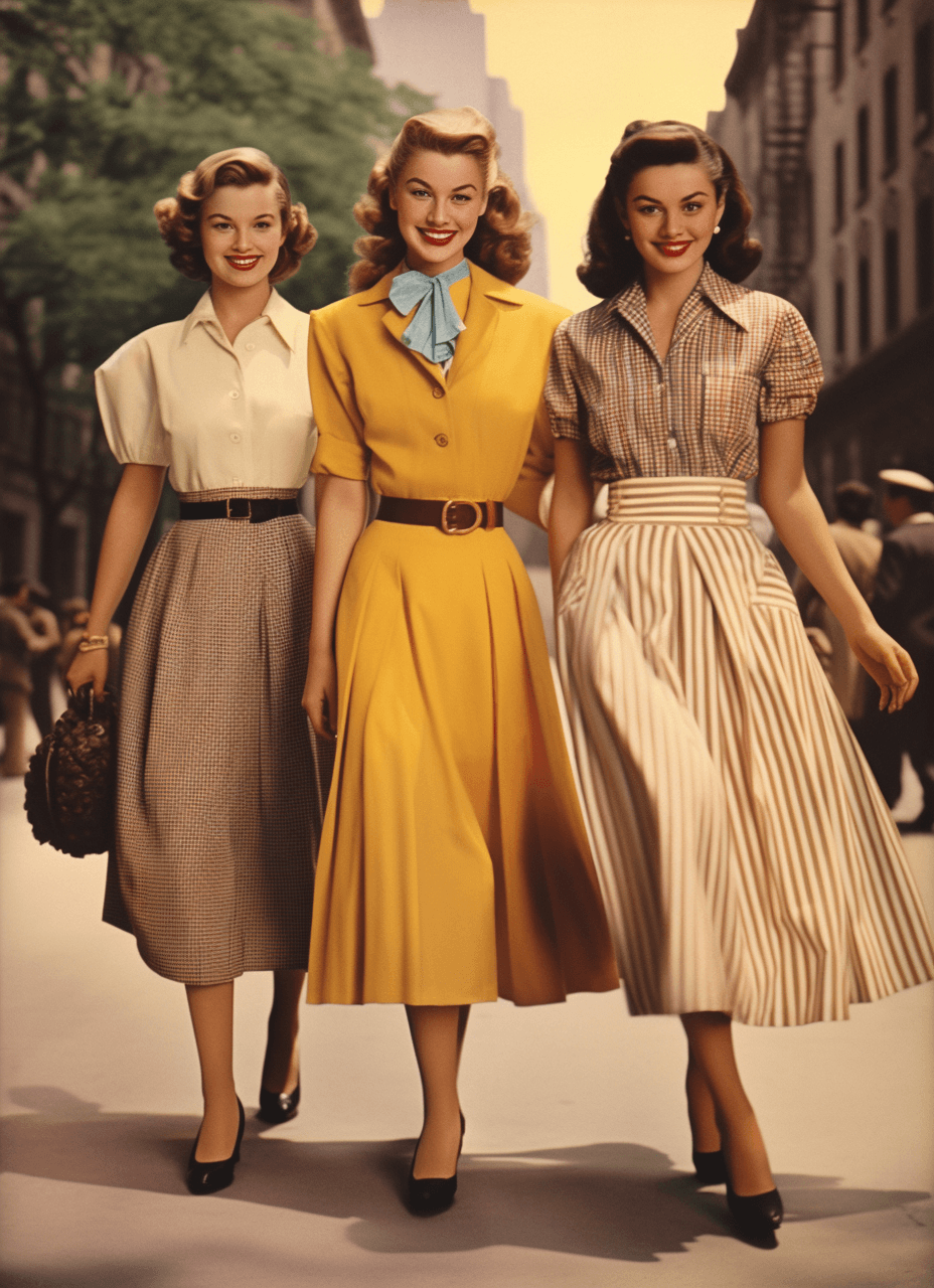 AI generated: A vintage fashion magazine page featuring three women in retro outfits, one wearing a yellow short d...
