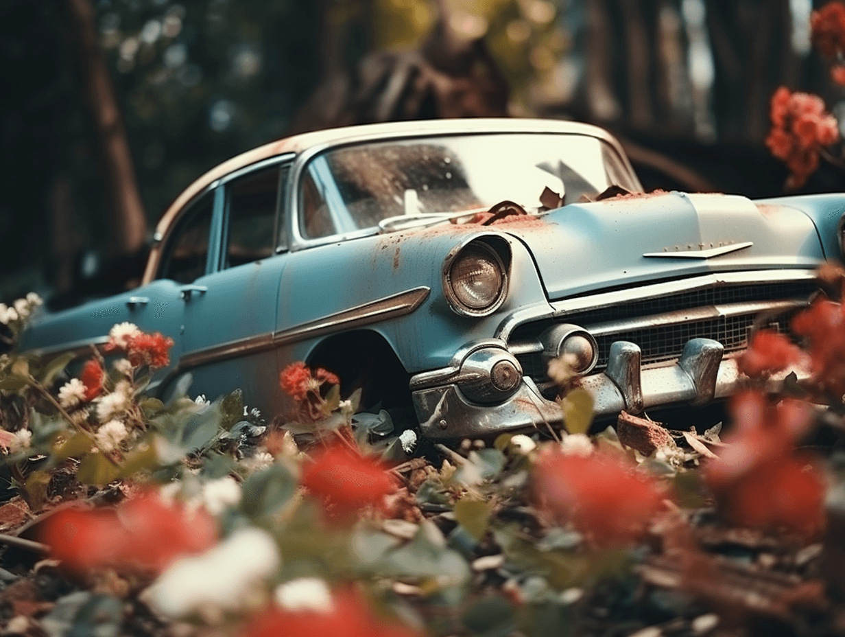 AI generated: disposable photography of a classic car is crashed on flowerbed, 8k, --ar 4:3