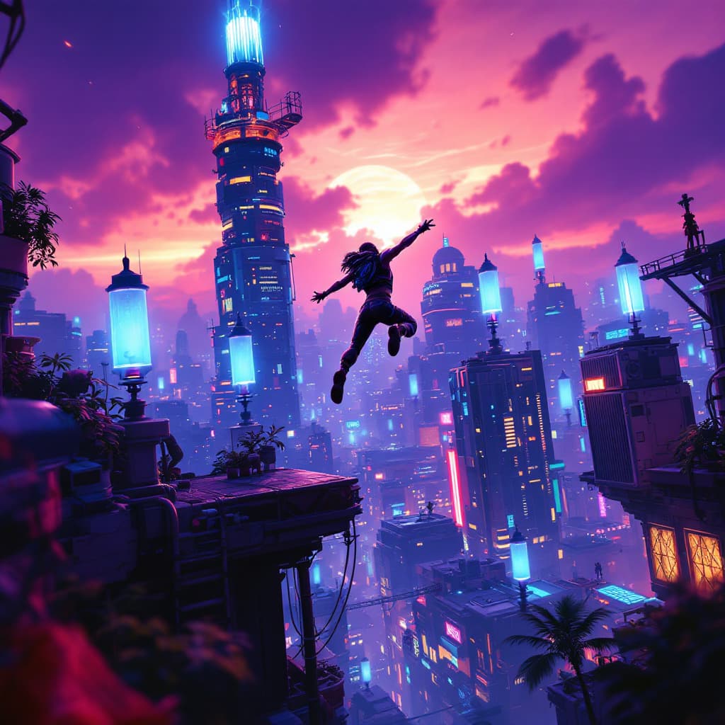 AI generated: Fortnite-style digital art, character jumping between platforms, neon-lit cyberpunk city, dramatic l...