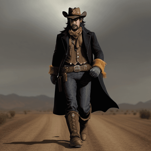 AI generated: Super Mario dressed as a cowboy from Red Dead Redemption, Mario has a pancho, a cowboy hat, boots, c...