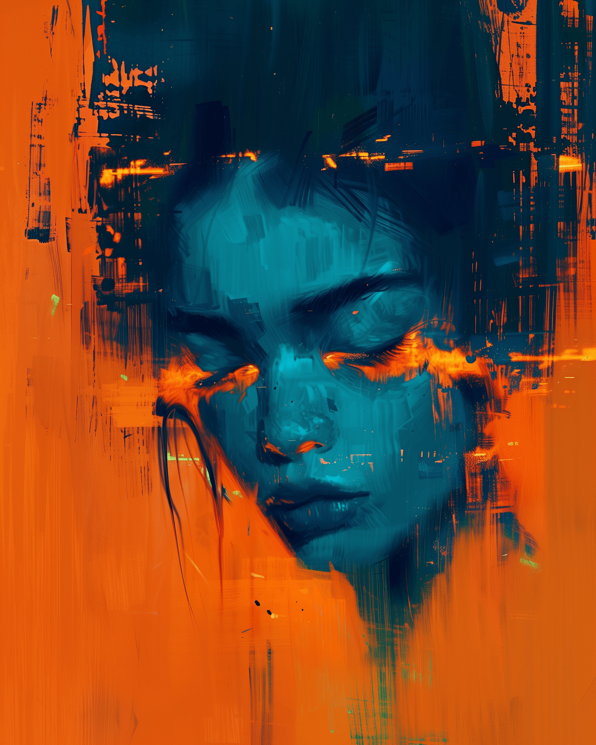 AI generated: A blue woman with closed eyes, in the style of Jarek Kubicki, orange background, neon lights, surrea...