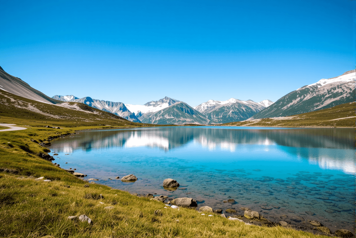AI generated: mountain lake crystal clear blue water snowy mountains