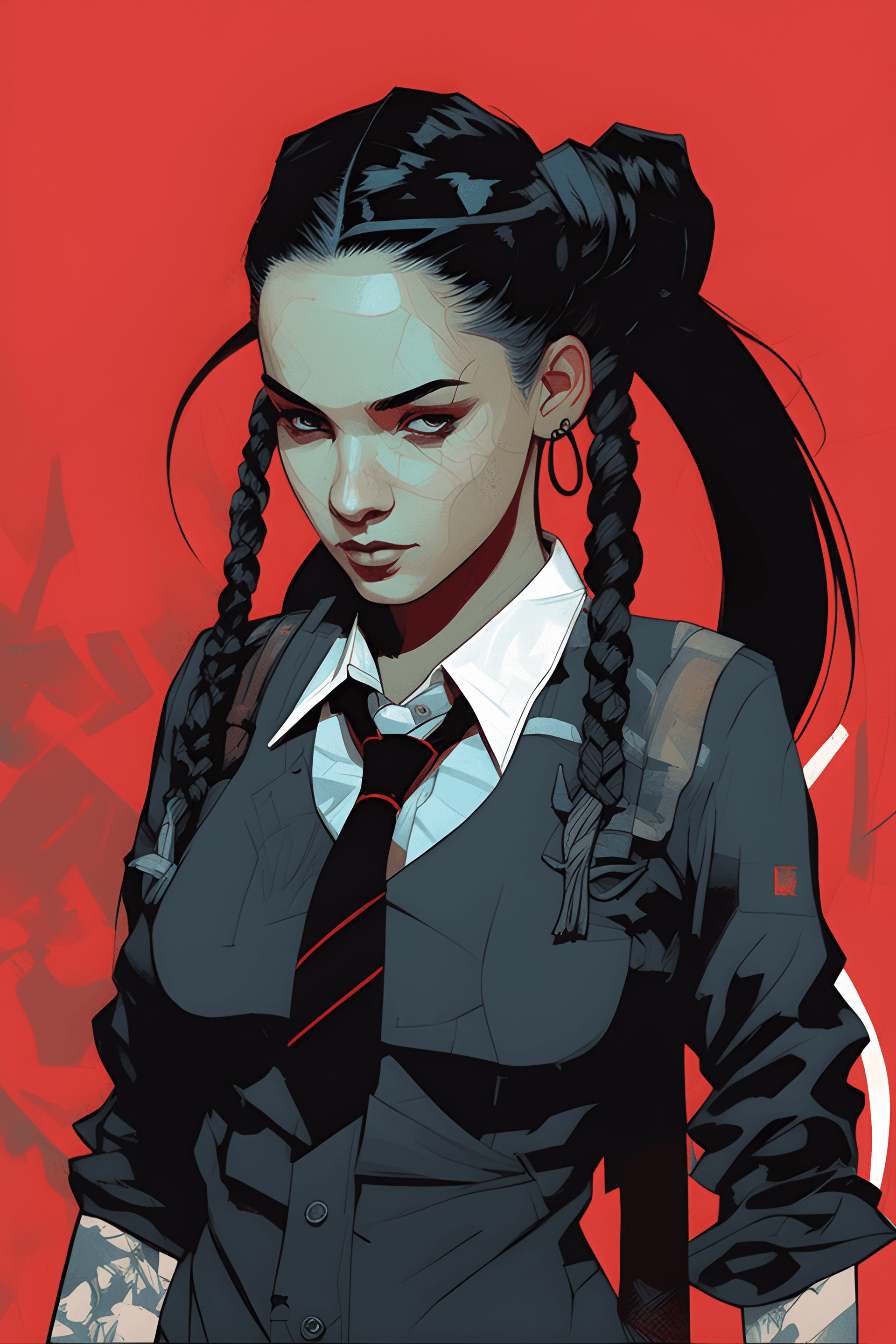 AI generated: a close up of a person with a tie and a shirt, jamie mckelvie comic art, wednesday addams, an edgy t...