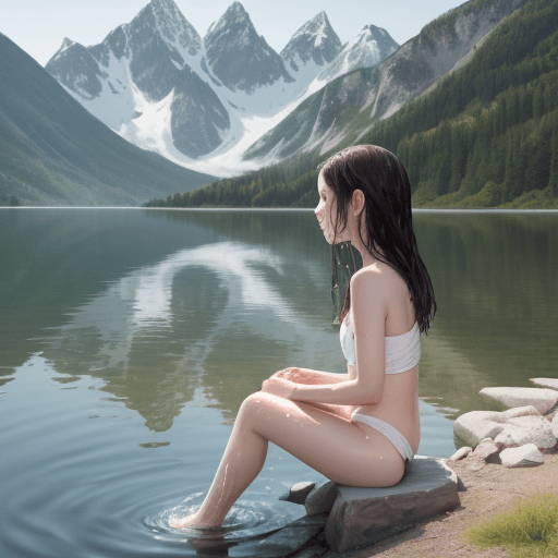 AI generated: girl bathing by the lake near the mountains