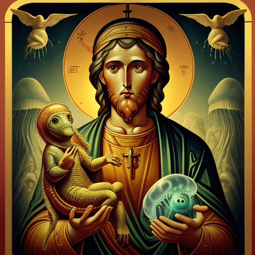 AI generated: Religious icon with dinosaur who keeps jellyfish in his hands