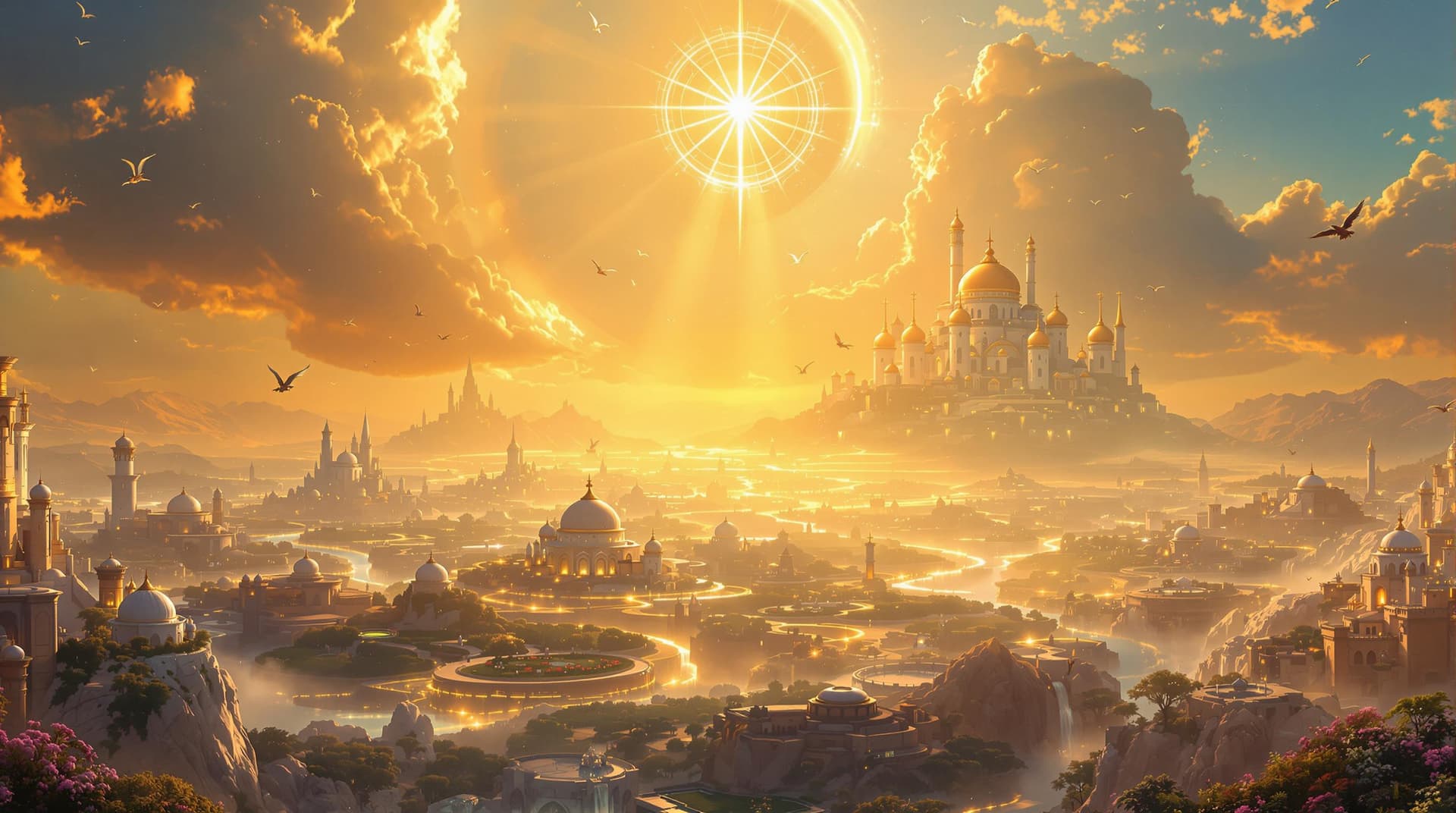 AI generated: A wide cinematic landscape showing the floating Empyrean Bastion in the far distance, glowing with d...