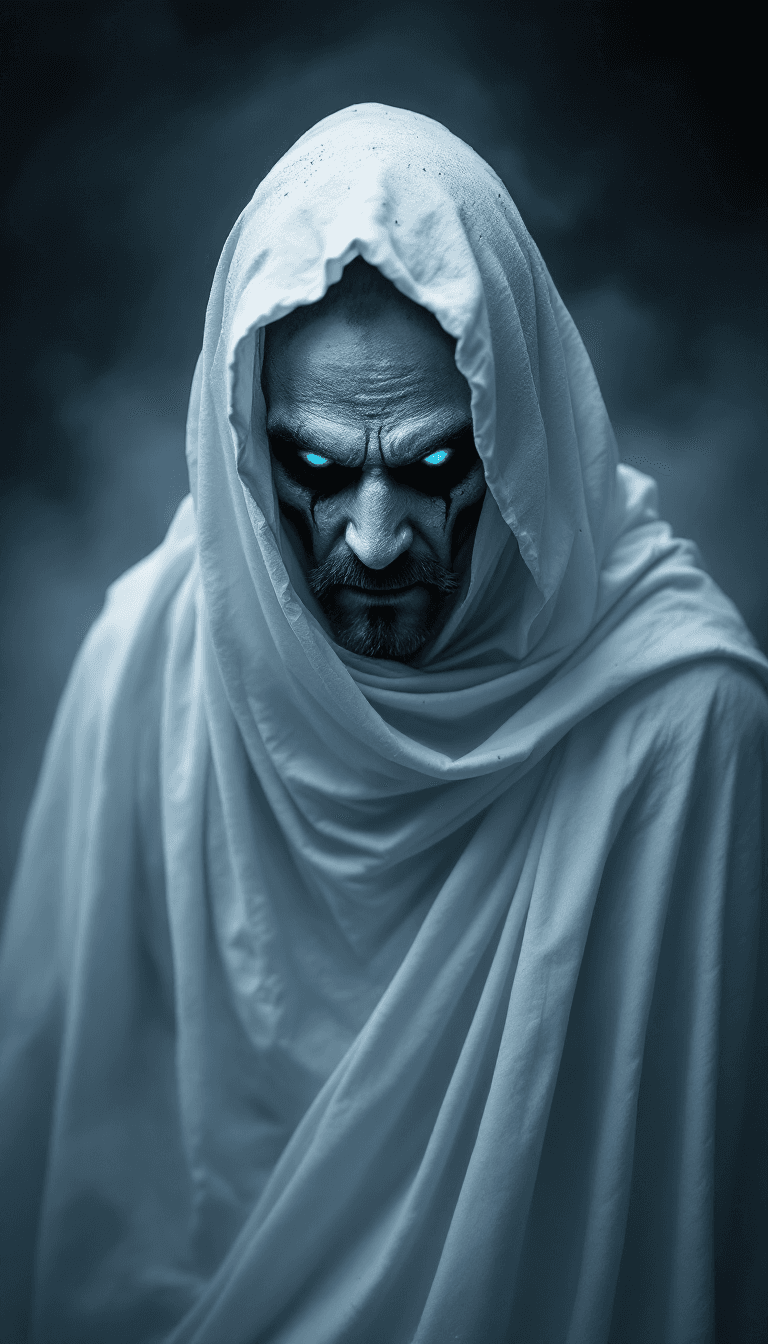 AI generated: a full body shot of a Indian middle aged ghostly male with chilling blue eyes and white powdered fac...