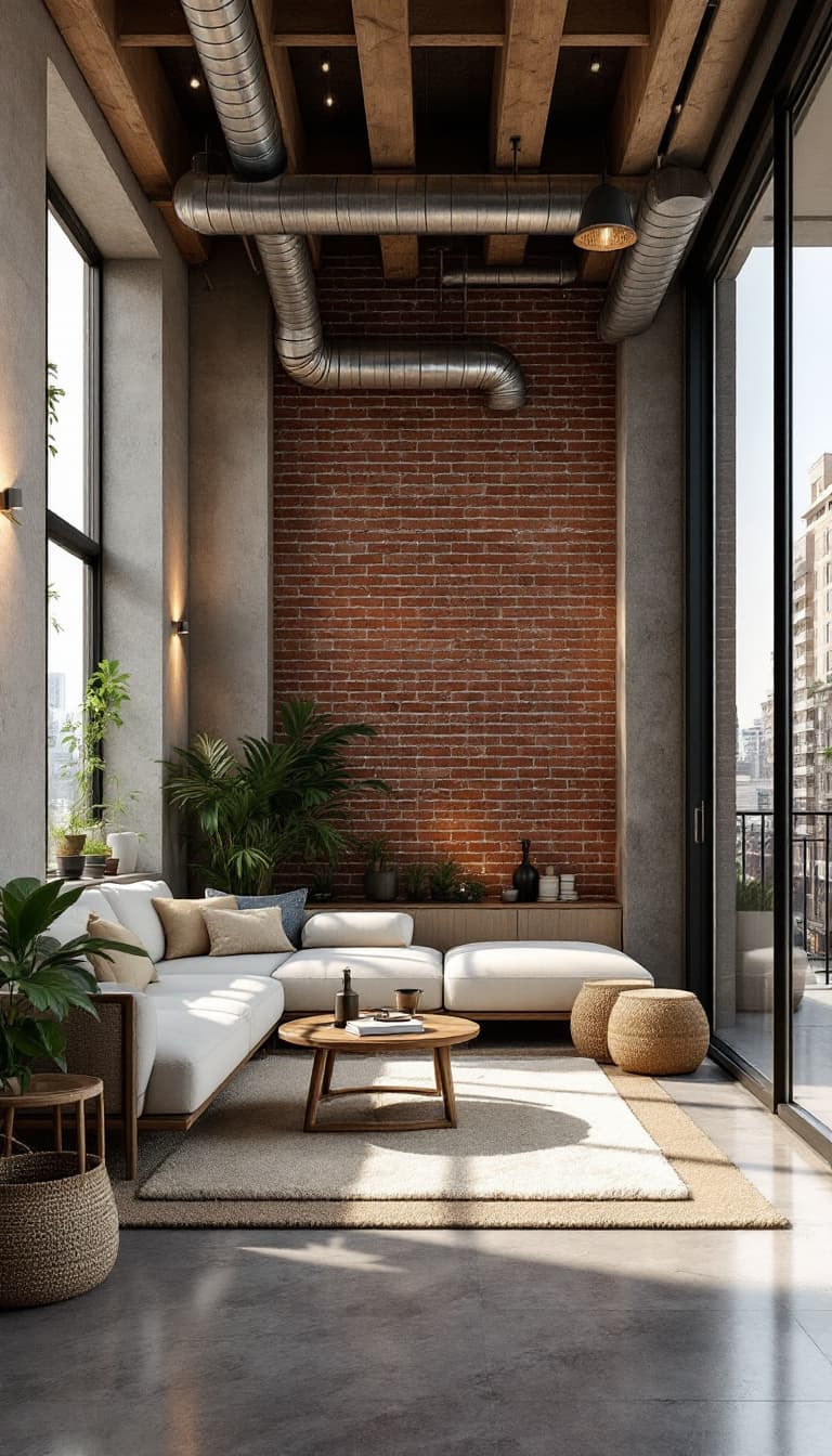 AI generated:  Cozy apartment building, brick and concrete fa\u00e7ade, wooden accents, industrial chic interiors,...
