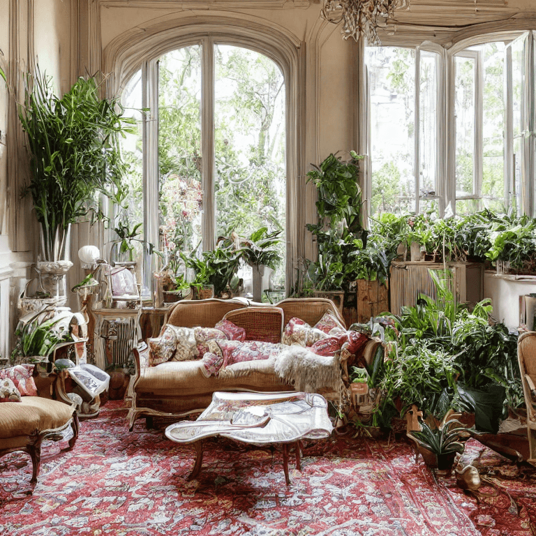 AI generated: living room with French windows opening onto the garden, Provençal style sideboard, plants, jute car...