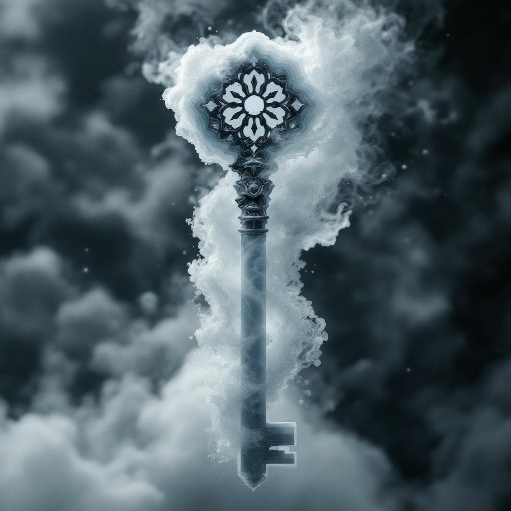 AI generated: Create a key made of Grey Agate with wind and sound merging at the hilt and the teeth of the keys ar...