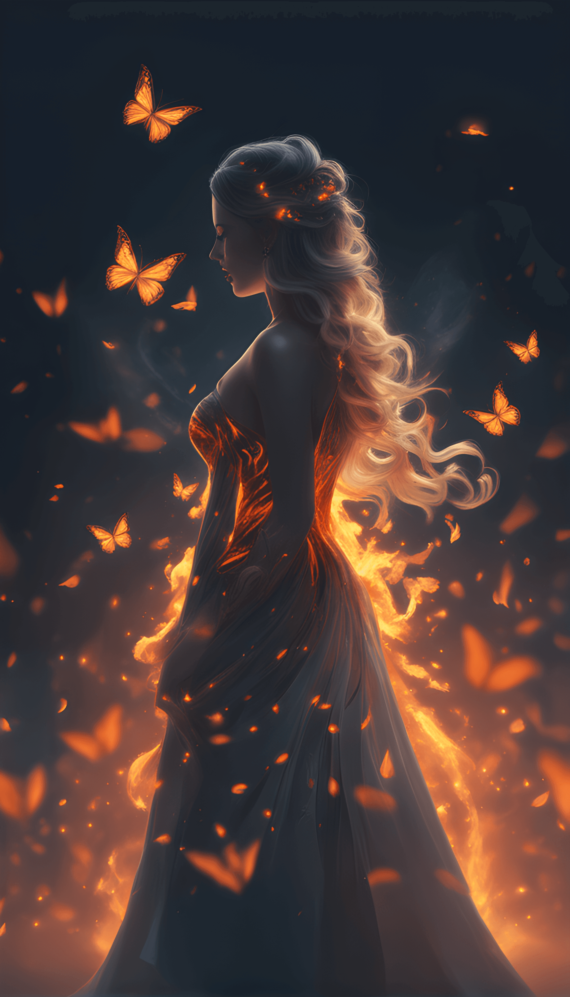 AI generated: a woman in a dress with butterflies flying around her, the butterfly goddess of fire, dress made of ...