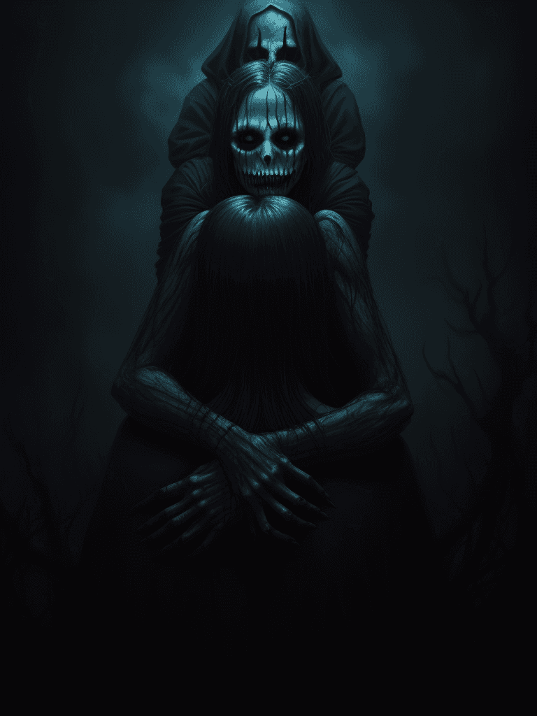 AI generated: woman being hugged from behind by an evil specter, horrifying, scary, fantastical colors, dark, horr...