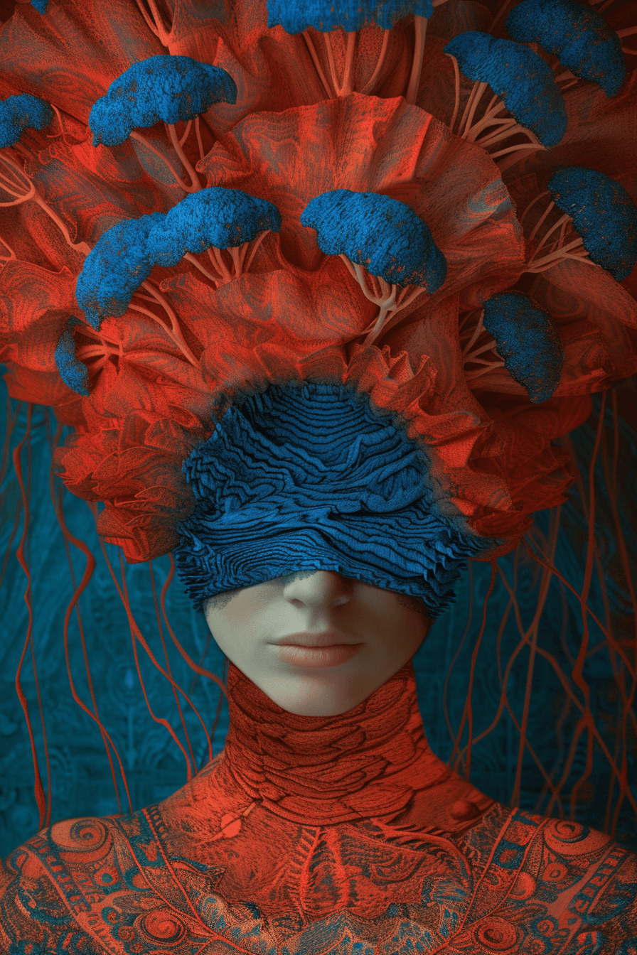AI generated: an abstract women with heads of red and blue, in the style of igor morski, egyptian iconography, jes...