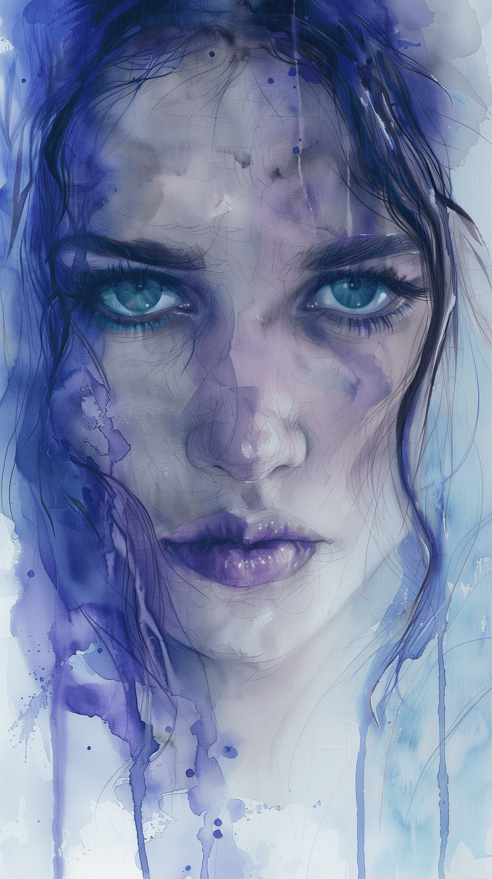 AI generated: watercolor painting, woman face, eyes of emerald, purple, color combination, perfect proportion, rea...