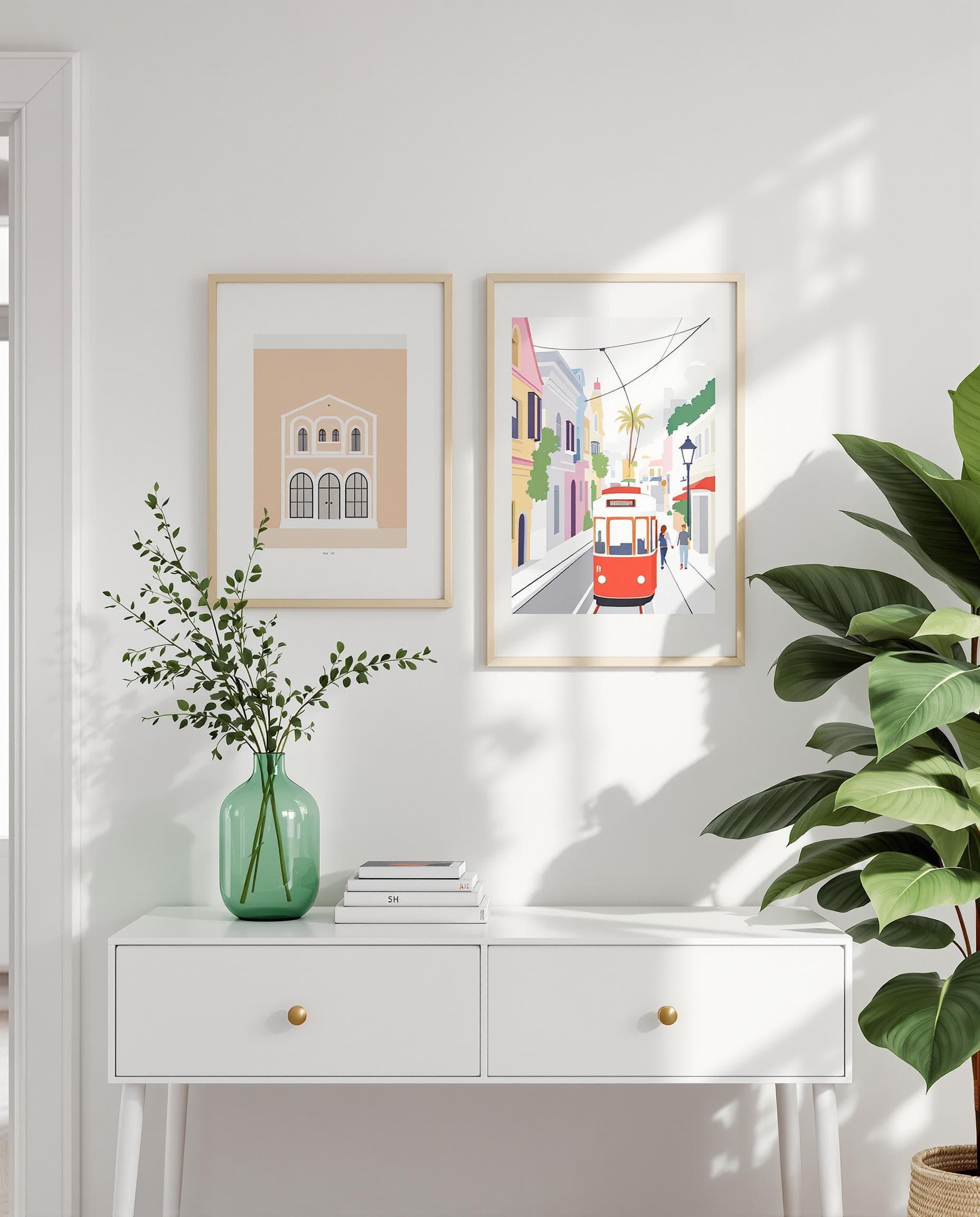 AI generated: Create an elegant minimalist interior with a white wall adorned with three framed artworks. The artw...