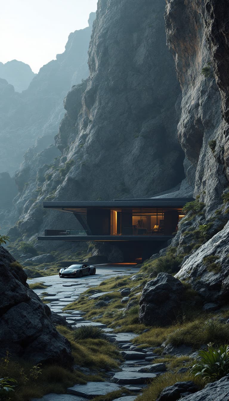 AI generated: the futuristic house in a rocky area with car, rock and house, in the style of dark gray and dark bl...