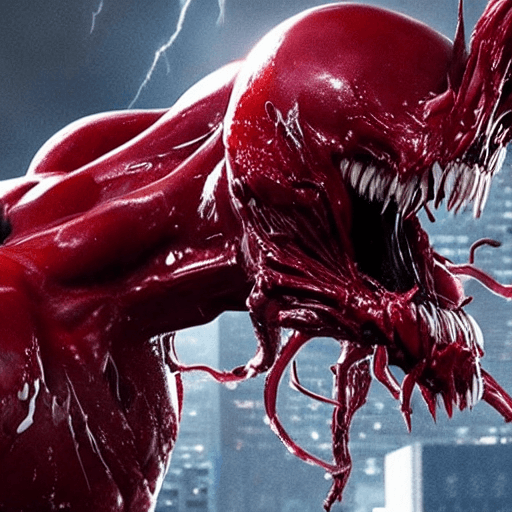 AI generated: Hyper realistic eye level carnage from sonys venom  movie