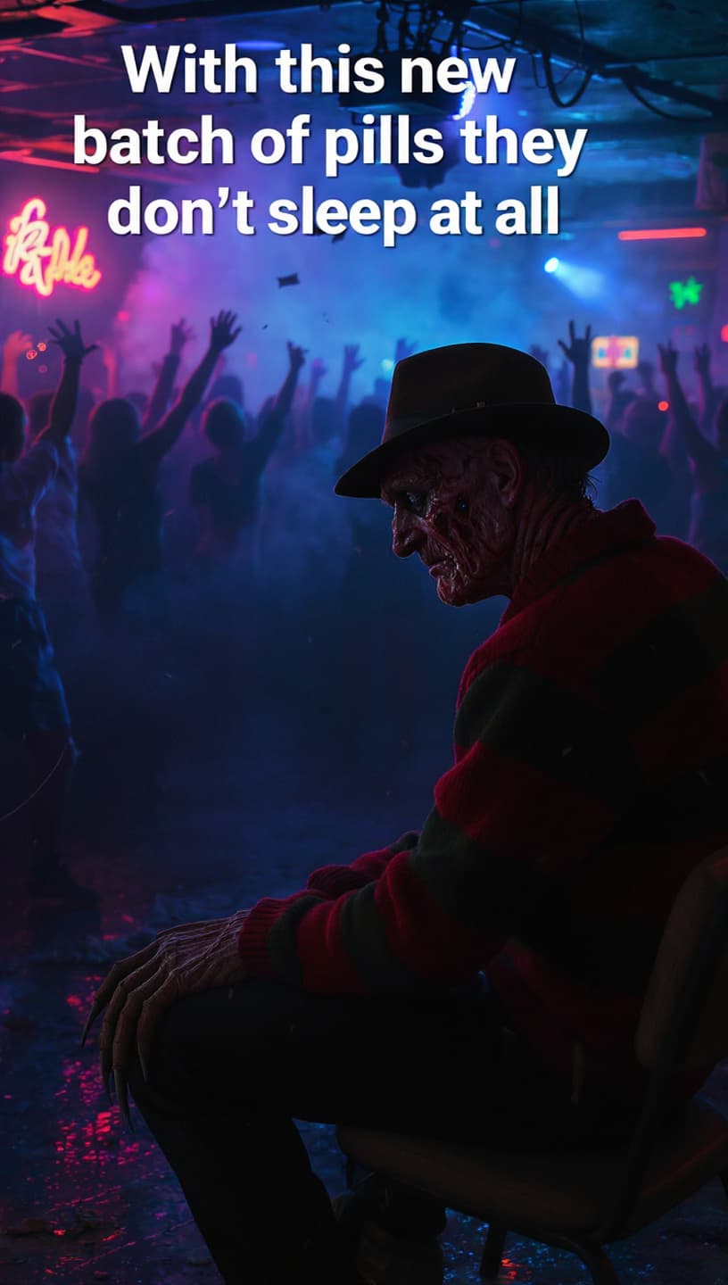 AI generated: Sad Freddy Krueger,rave party
