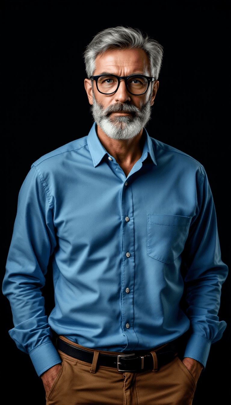 AI generated: Hyper-realistic, full body image of a 40 years old french man, with hoary-grey well-groomed and shor...