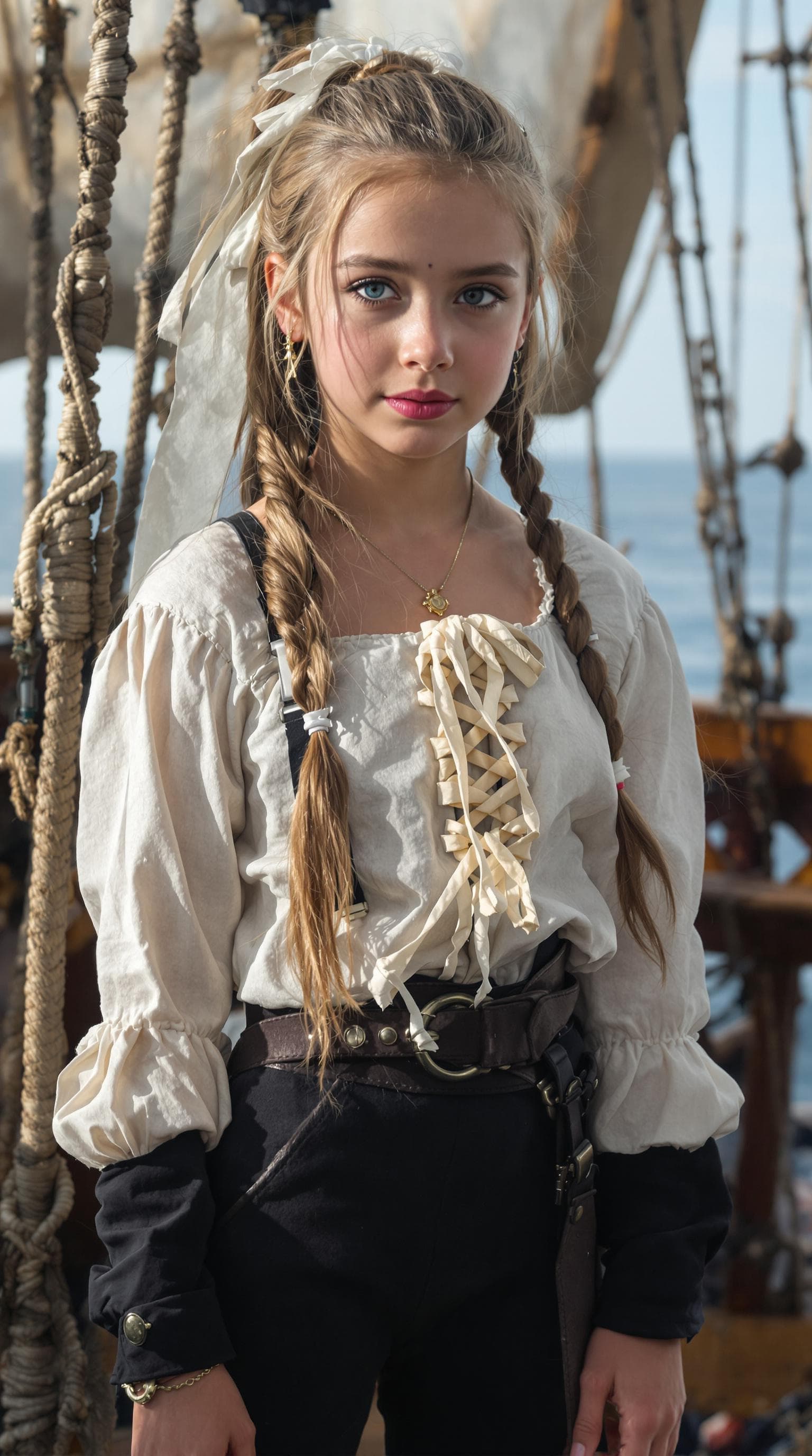 AI generated: a professional photo of a exceptionally beautiful girl aboard pirate ship at sea (age 10), (ten year...